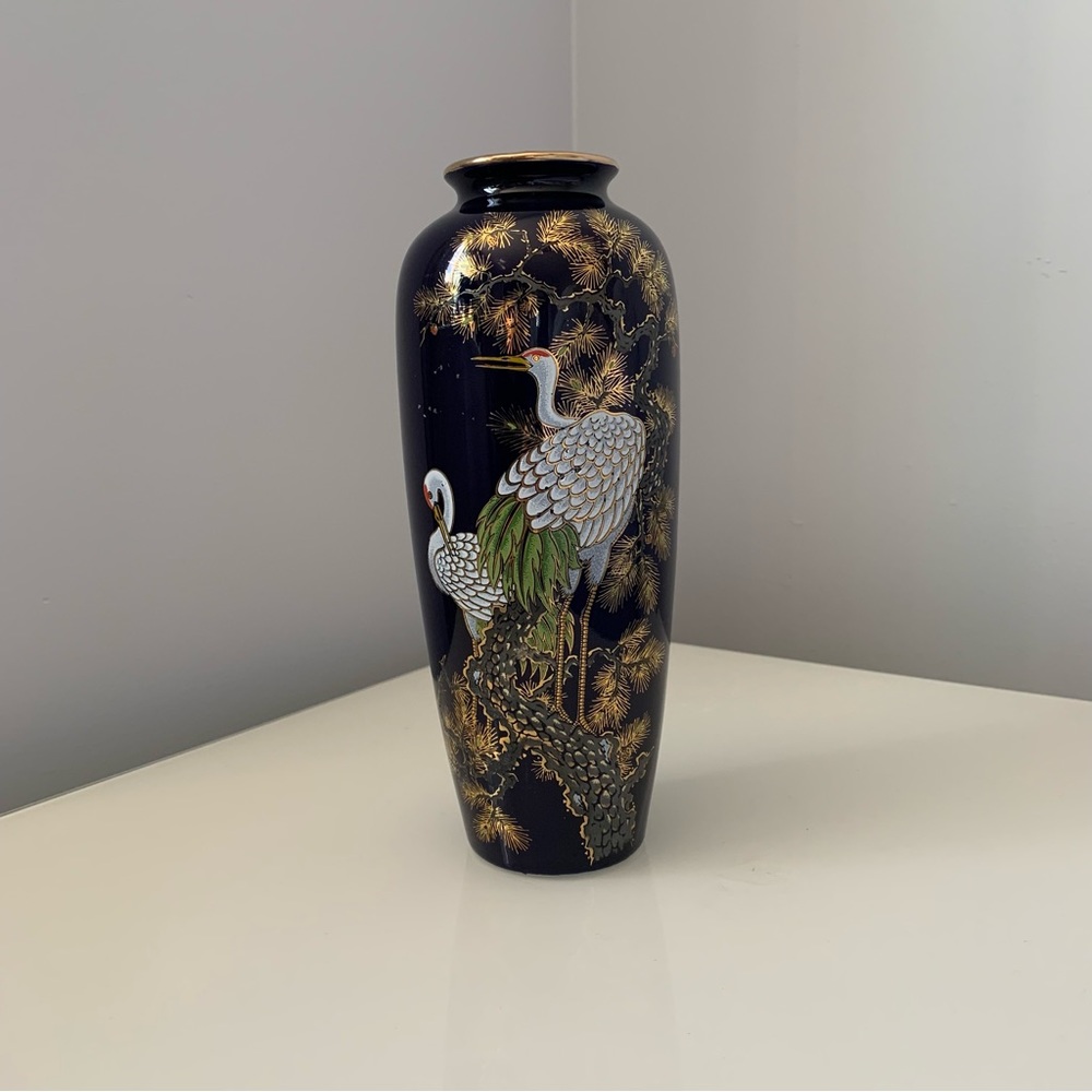 VINTAGE JAPANESE COBALT VASE HERON STORK HAND PAINTED GILDED 9"